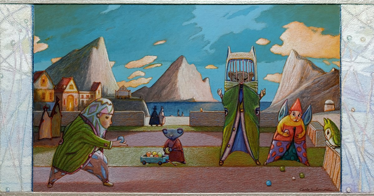 Surrealistic Portrait Painting By Carlo Salomoni, 31 X 17, The Bowlers, Original Artwork