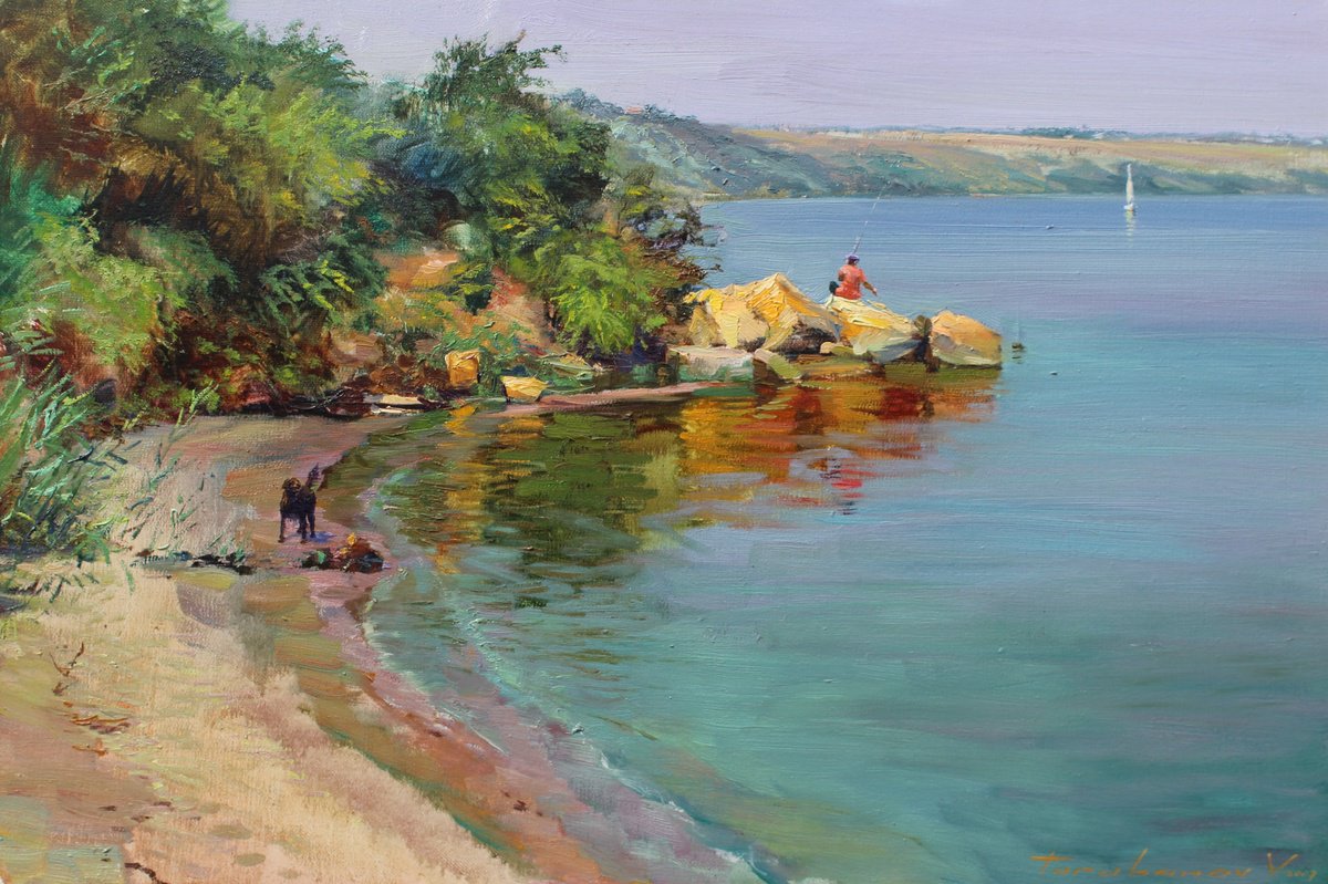 Impressionistic Landscape Oil Painting By Volodymyr Tarabanov, 25 X 17", Summer Landscape With A Setter, Original Artwork