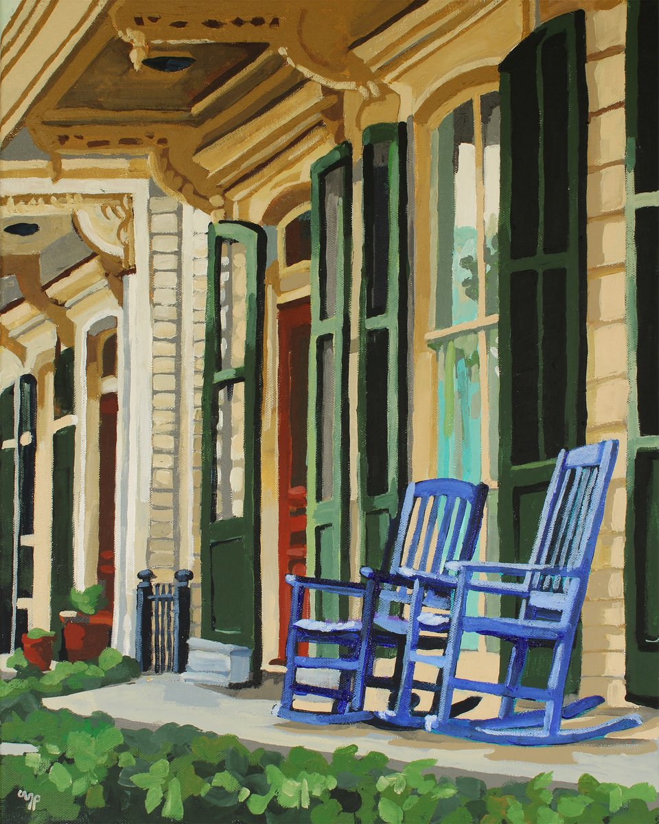 Impressionistic Cityscapes Acrylic Painting By Melinda Patrick, 16 X 20", Porch Life, Original Artwork