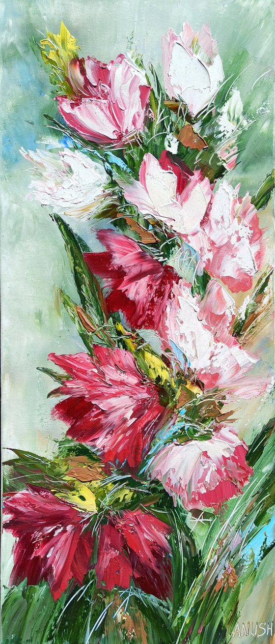 Textured flowers (30x70cm, oil painting, palette knife)