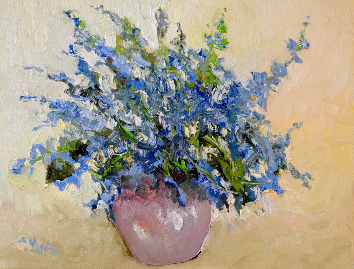 Expressive Botanical Oil Painting By Suren Nersisyan, 16 X 12", Forget Me Not Flowers, Original Artwork