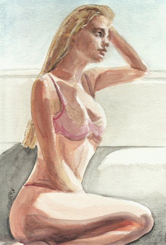 Lockdown Reflection. Erotic nude watercolour painting.