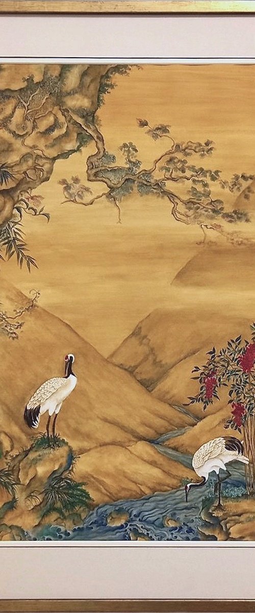Cranes Beside a Meandering Stream With Heavenly Bamboo by Nicola Mountney