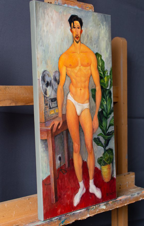 RETRO BOY by Yaroslav Sobol - (Inspired by Amedeo Modigliani Modern Impressionistic Figurative Oil painting of a Man Gift Home Decor)