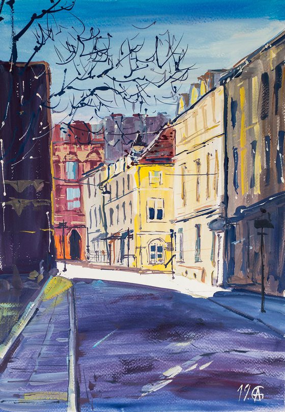 Sun on the street in Bratislava. Gouache study. Street scene urban illustration small original painting