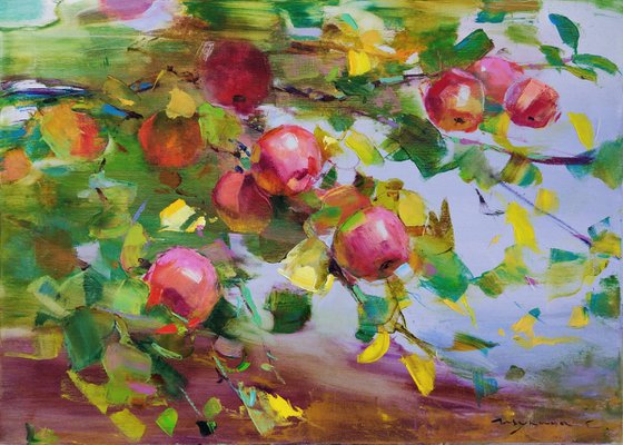 Apple branches against the sky . 50x70 cm. Fruit Gifts of autumn . Original oil painting