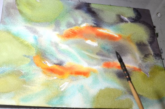 Koi fish in watercolor Bright natural pond