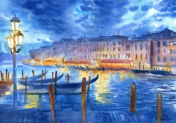 Night Venice Lights Original Watercolor Painting Cityscape River Boats Gondolas Italy