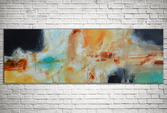 Ocean blue  (24" x 72" - 60 cm x 182 cm) Gold and aqua Abstract Painting ready to hang -