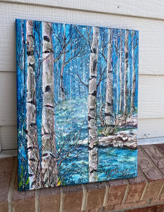 Winter Birch Trees -  Monochrome  in Blue Impasto Original Painting  (palette knife)