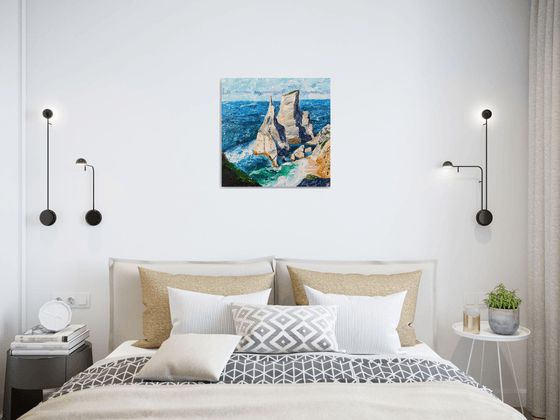 Ocean Original Oil Painting on Canvas, Portugal Landscape Wall Art, Coastal Home Decor