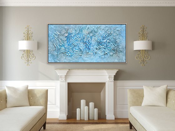 COASTAL TRANQUILITY. Abstract blue silver gray 3D dimensional painting