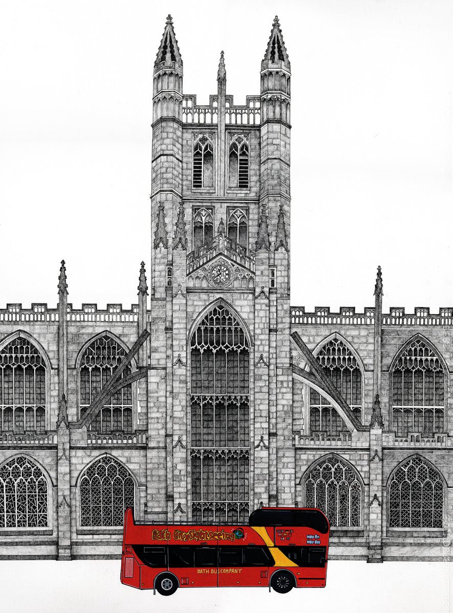 Cityscapes Ink Drawing By Shelley Ashkowski, 22 X 30", Tour Bus At Bath Abbey, Original Artwork