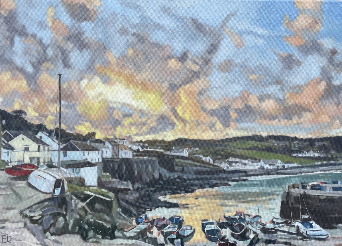 Impressionistic Landscape Oil Painting By Emma Dashwood, 22 X 16, Sunset Over Coverack Harbour, Original Artwork