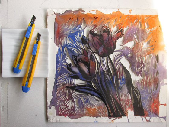 black tulips with humming bird, watercolor with paper cut