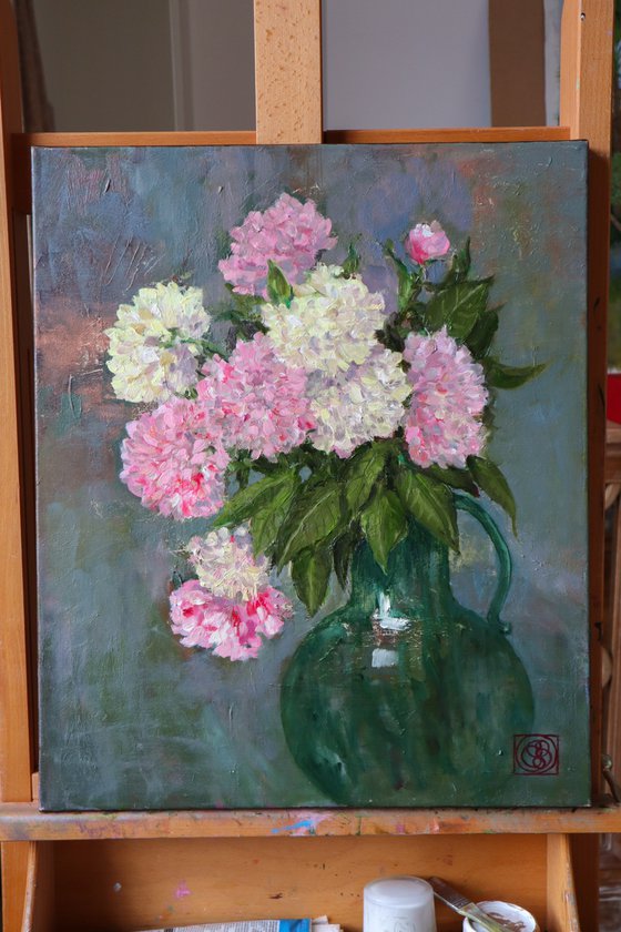 Peonies in Green Vase