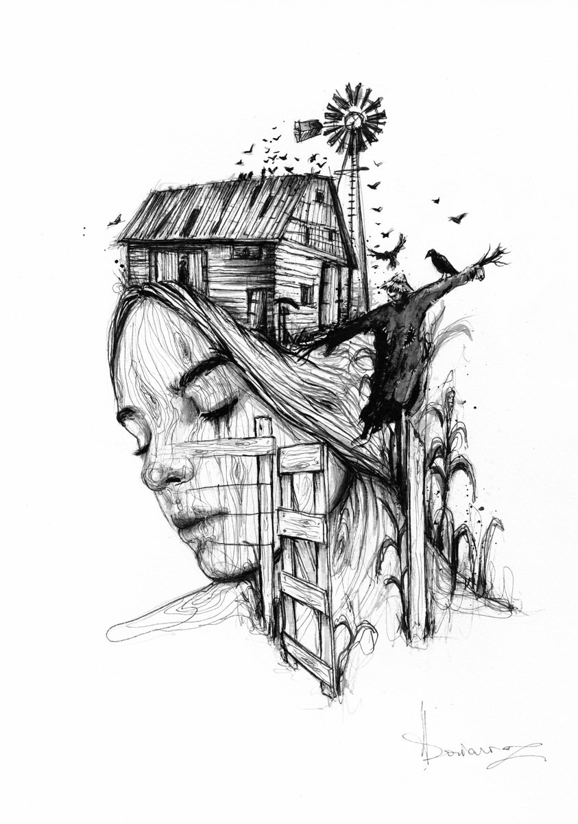 Expressive Portrait Ink Drawing By Doriana Popa, 8 X 12, Farm, Original Artwork