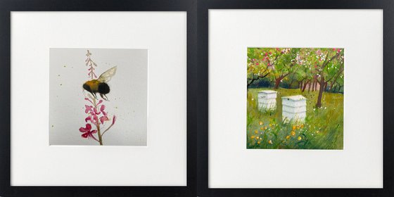 Two bee scenes framed