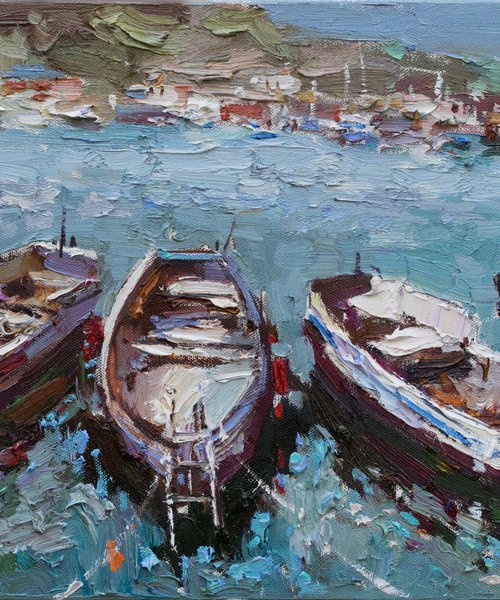 Boats in the bay - Original oil painting by Anastasiia Valiulina
