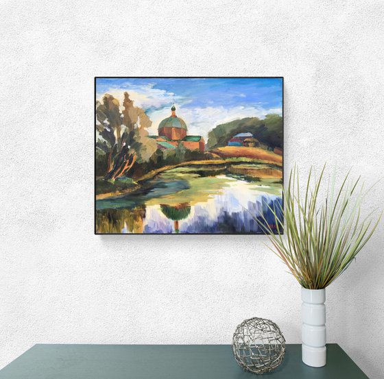 AT THE VILLAGE EDGE - impressive landscape oil painting with a pond and a wooden church housewarming gift idea home decor