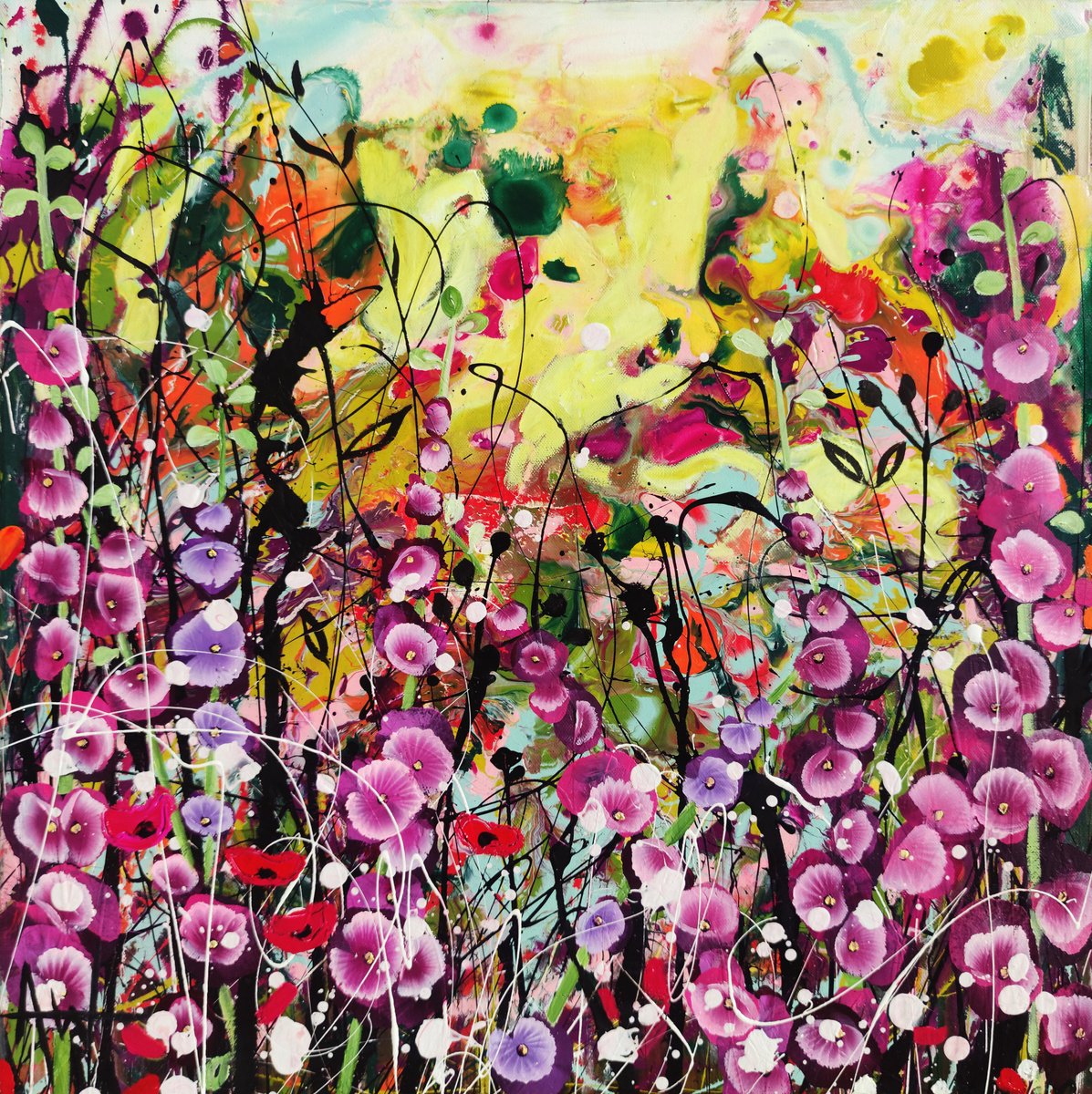 Expressive Botanical Oil Painting By Angie Wright, 24 X 24, Wildflower Dawn, Original Artwork