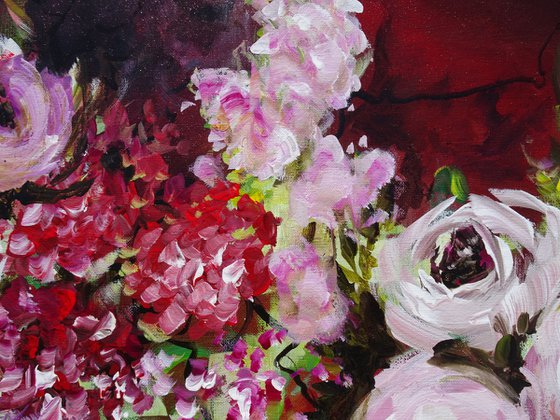 Pink Roses White Hydrangeas Abstract Floral Landscape Painting. Red Purple Flowers Art. Modern Impressionistic Art