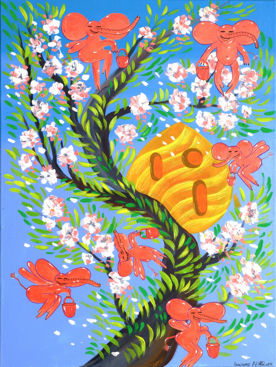 Spring sakura and honey bees - elephants. Honey bee. Elephant. Blooming cherry. Pink versi... by Anna Onikiienko