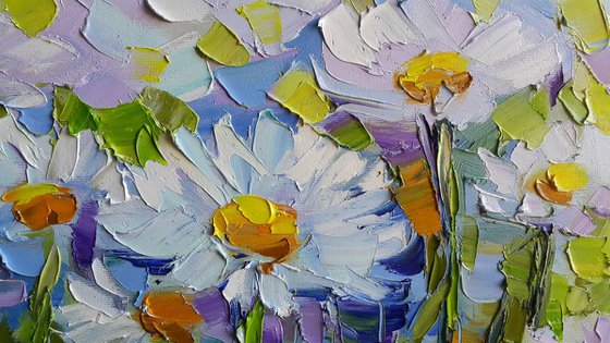 Daisies painting, Chamomiles flowers white daisies blooming original impasto oil canvas artwork