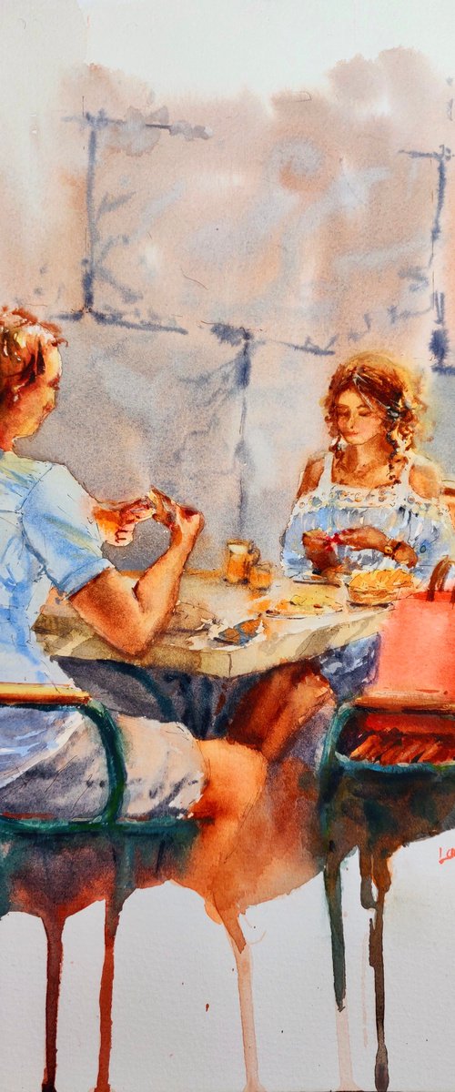 Summer breakfast | Original watercolor painting (2023) | Original Hand-painted Art Small Artist | Mediterranean Europe Impressionistic by Larisa Carli