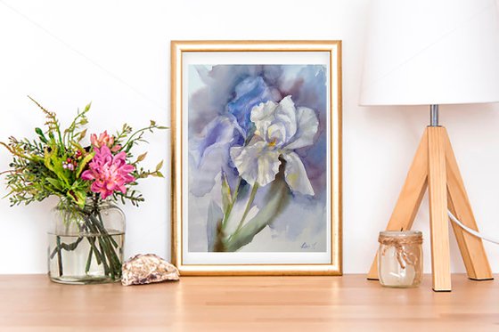 Original watercolor hand painting Irises flowers
