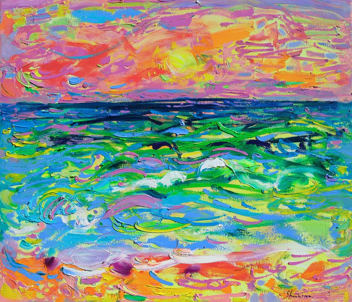 Expressive Landscape Oil Painting By Helen Shukina, 28 X 24, Sunset, Original Artwork