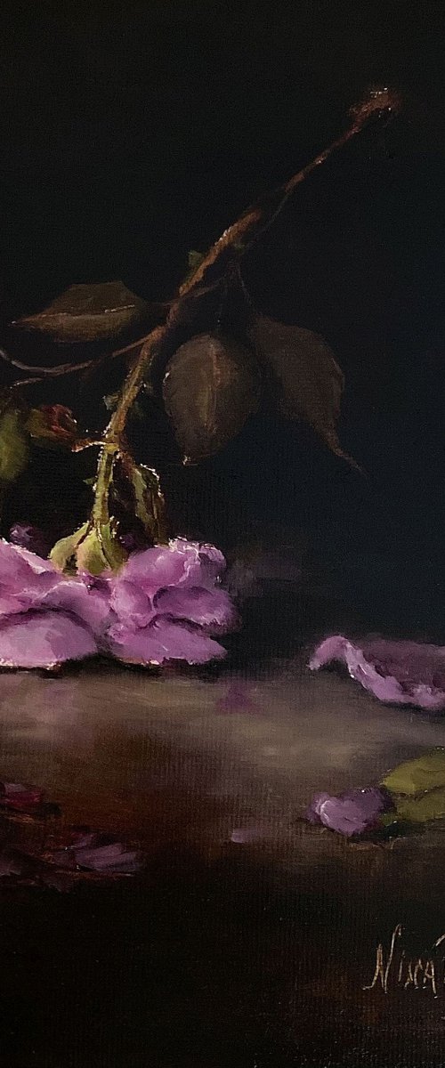 Mauve Rose Still Life Original Oil Painting Framed Floral Art Flowers Framed by Nina R. Aide