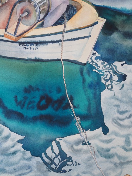 Fishing boat and reflection - original seascape watercolor artwork