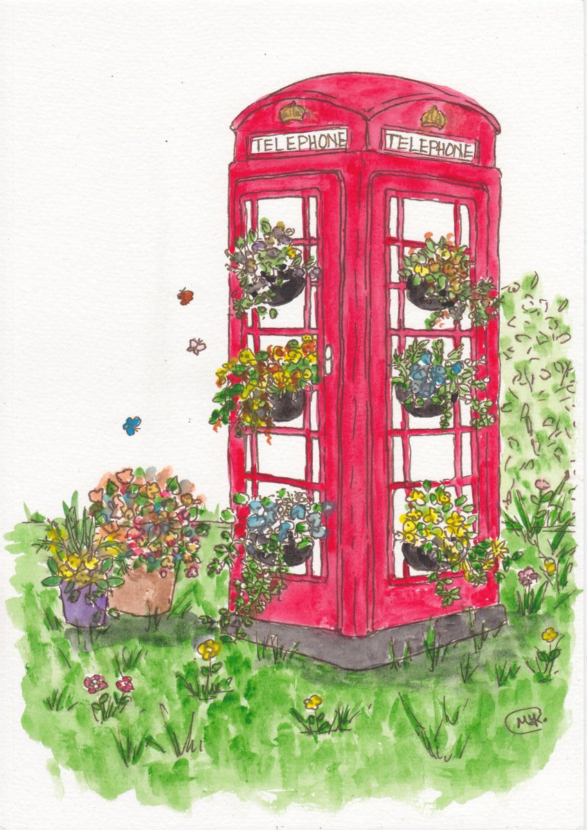 Impressionistic Botanical Painting By Marjansart, 8 X 12", Red Telephone Box With Flowers, Original Artwork