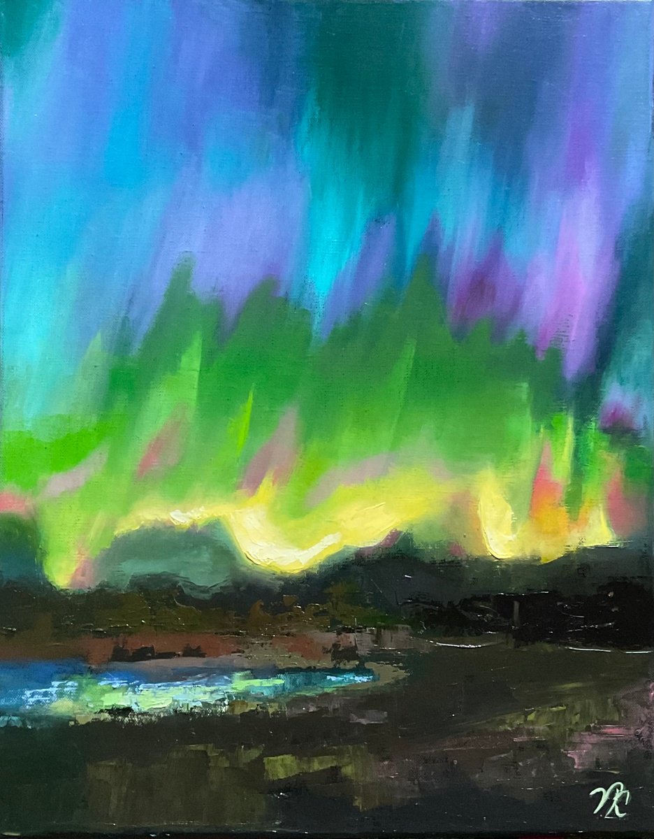 Abstract Landscape Oil Painting By Vera Klimova, 16 X 20", Northern Lights 2, Original Artwork