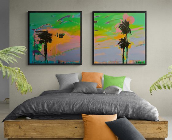 Big XXL artwork - "Green light" - Pop Art - Palm - Diptych - Street Art - Expressionism - Sunset