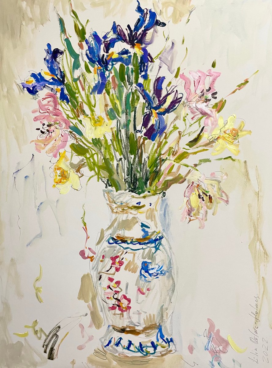 Impressionistic Botanical Oil Painting By Lilia Orlova-Holmes, 35 X 47", Spring Bouquet, Original Artwork