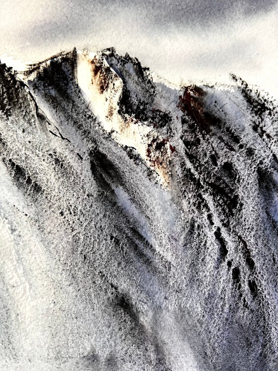 Snow in the Alps, Snowy Mountains Watercolour painting