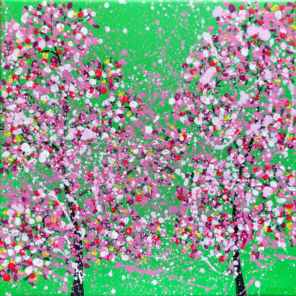 "Cherry blossom green" flowers, spring green,  flowers, spring blue, pink, Sakura, drippin... by Nataliia Krykun