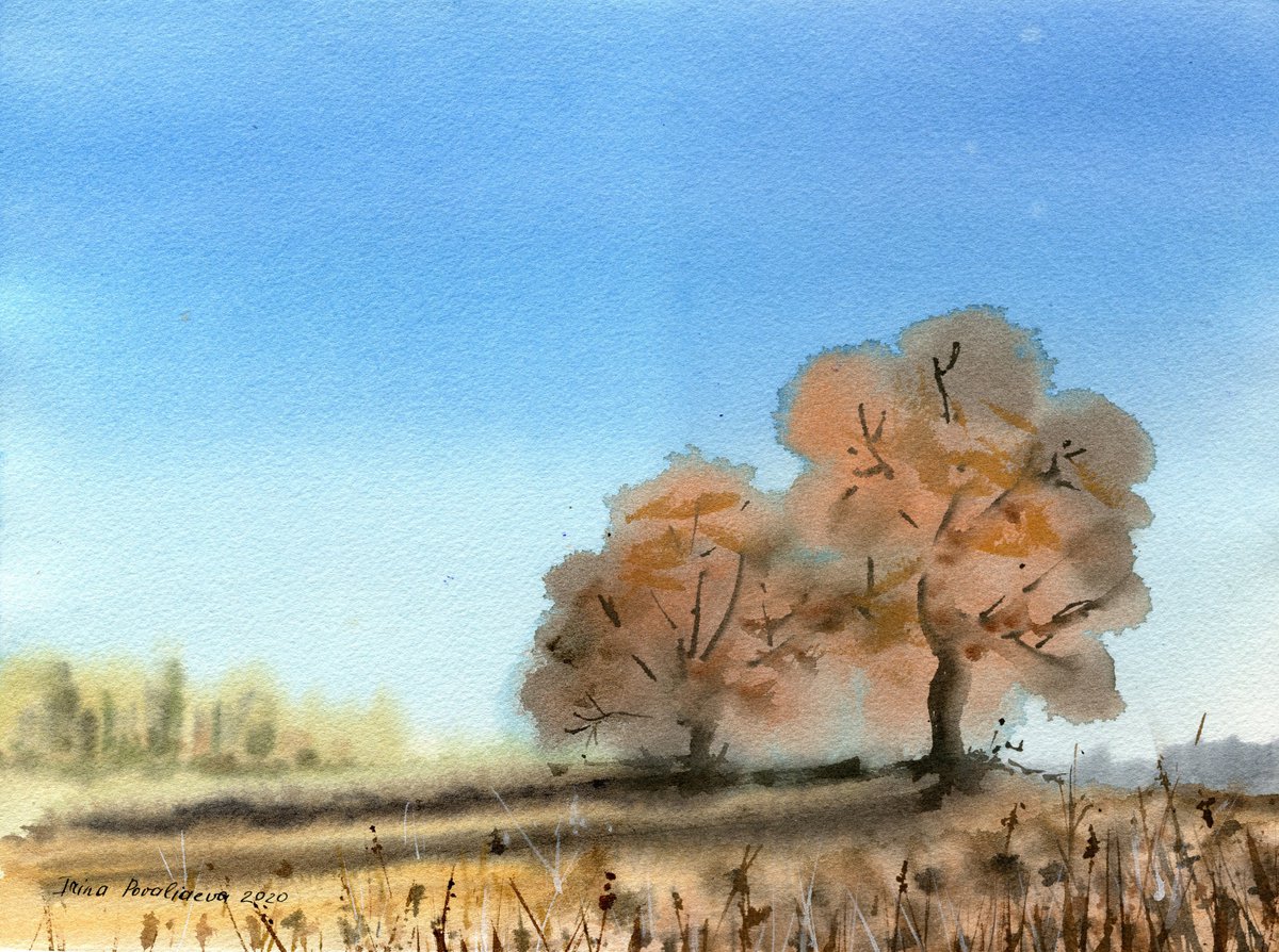 Autumn trees original artwork, blue sky and orange trees medium painting country landscape... by Irina Povaliaeva
