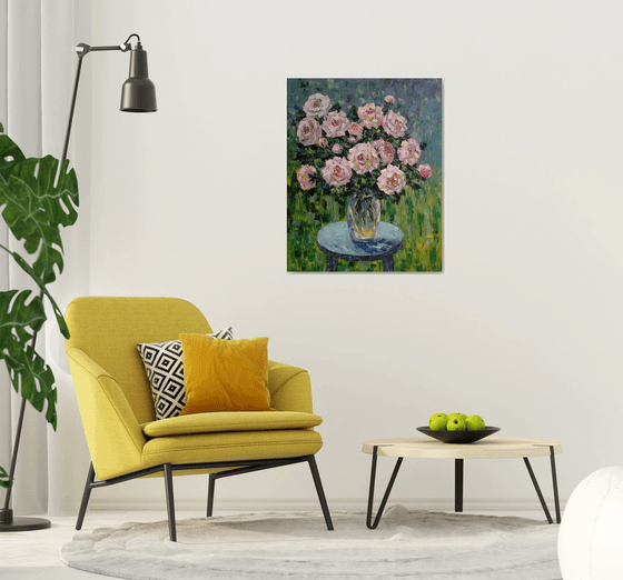 Pink roses (100x80cm, oil painting, palette knife)