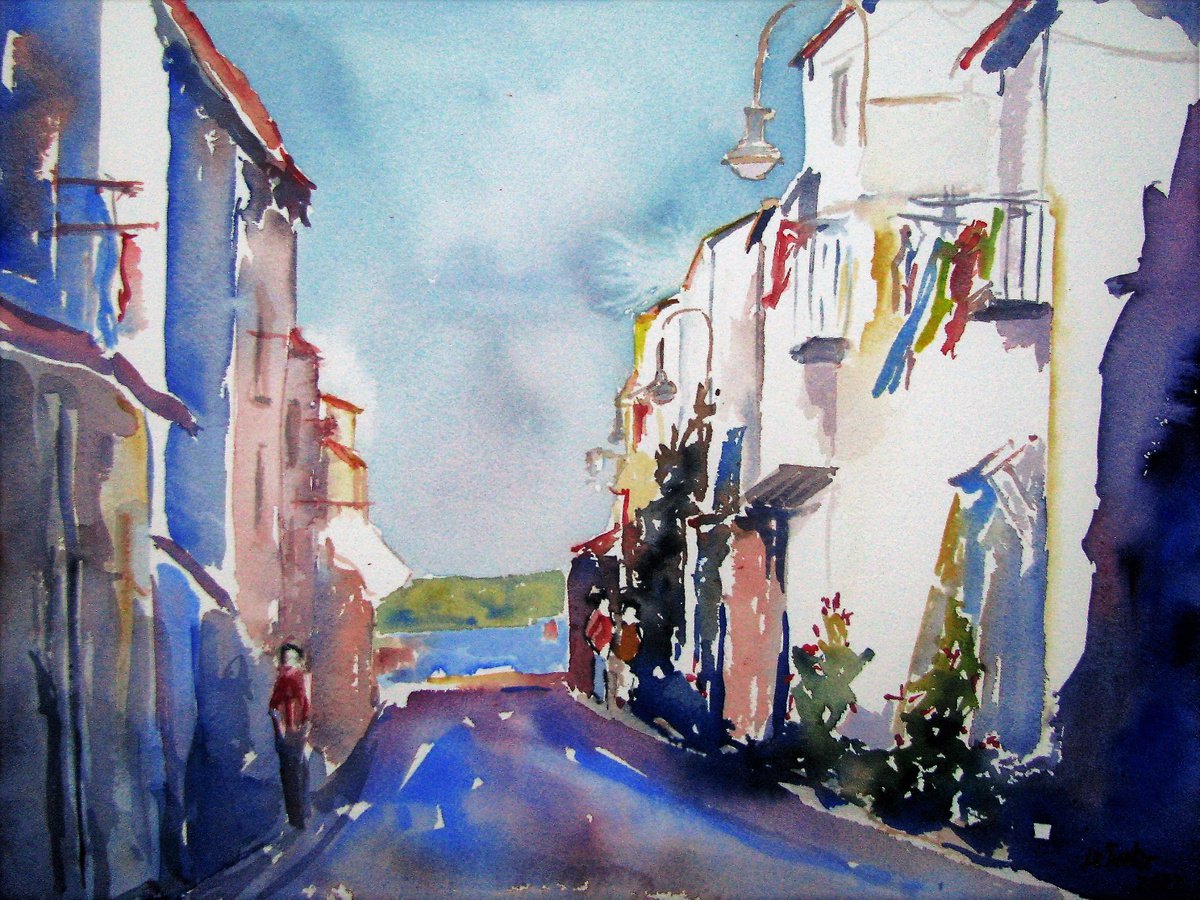 Impressionistic Cityscapes Watercolour By Jean-Noel Le Junter, 21 X 17, Street In Southern France, Original Artwork