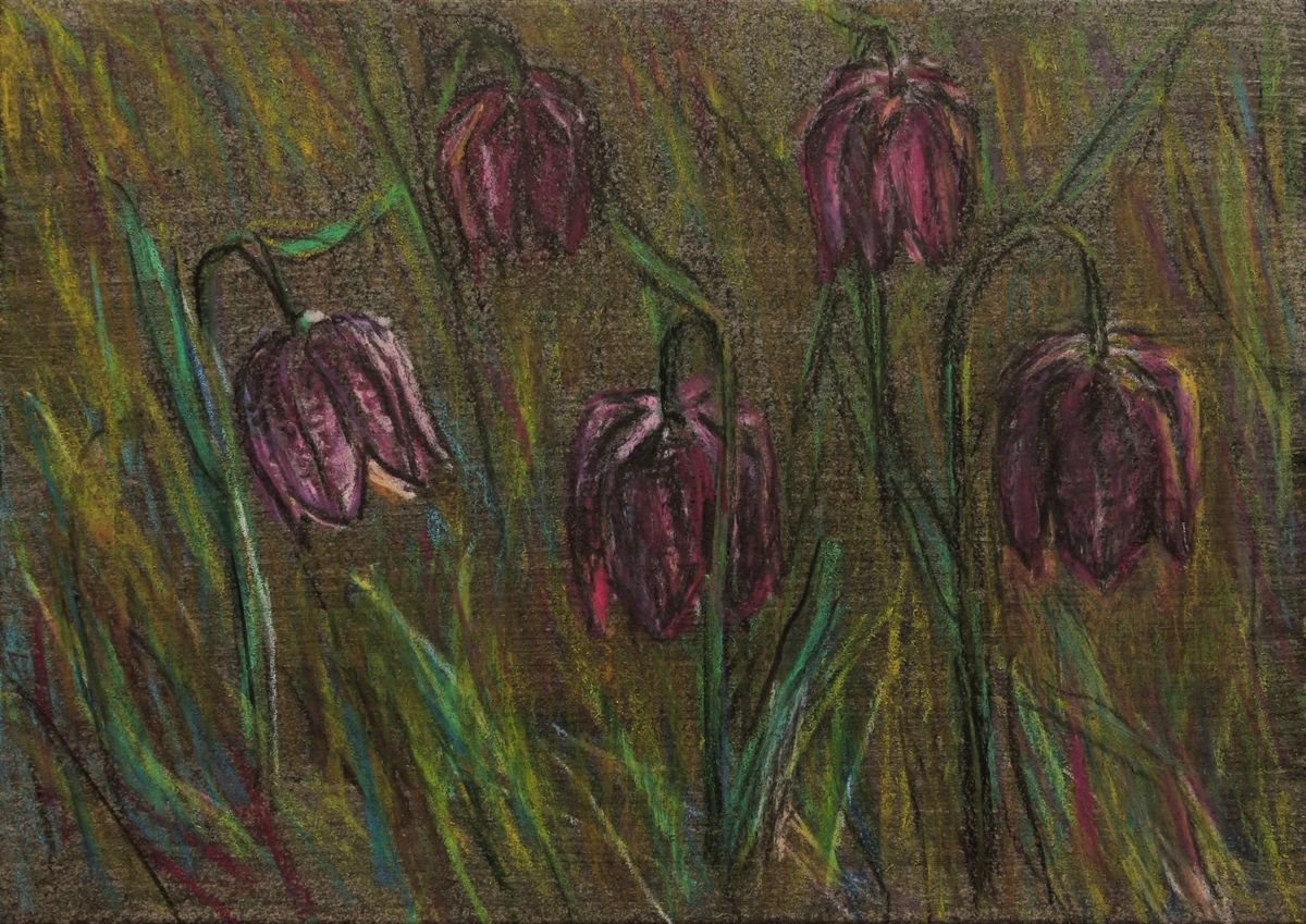 Tulips in the Grass I, 2018, oil pastel on paper, 21 x 29,5 cm by Alenka Koderman