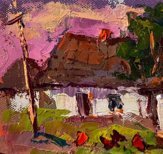 Pink sunset over the village