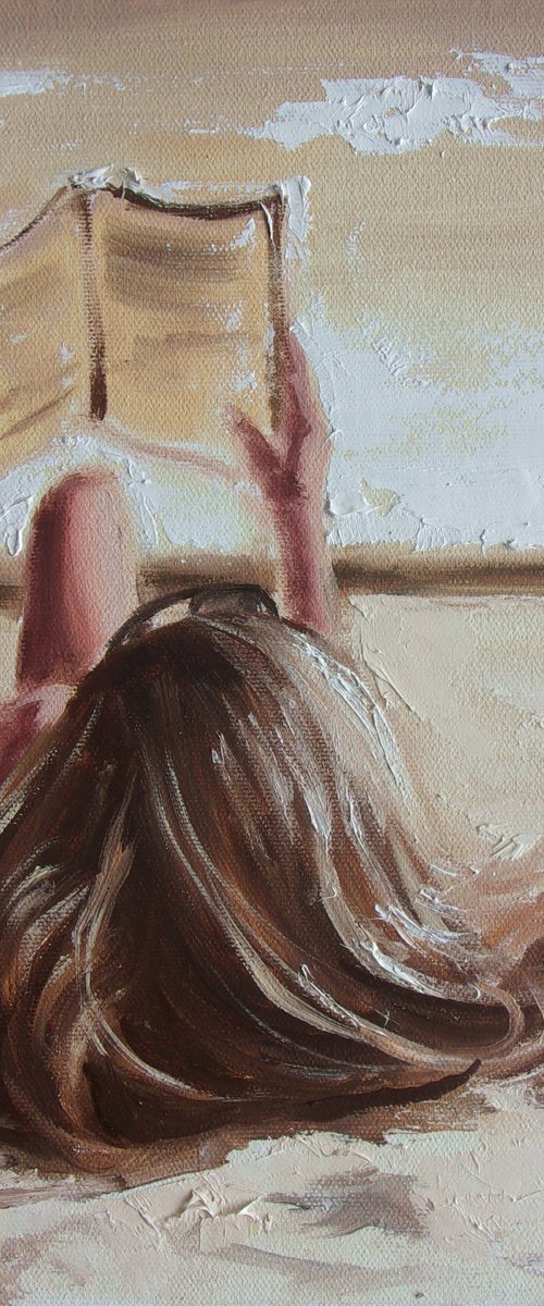 " BEACH STORY " SUN SKY SEA SAND liGHt  ORIGINAL OIL PAINTING, GIFT, PALETTE KNIFE by Monika Luniak