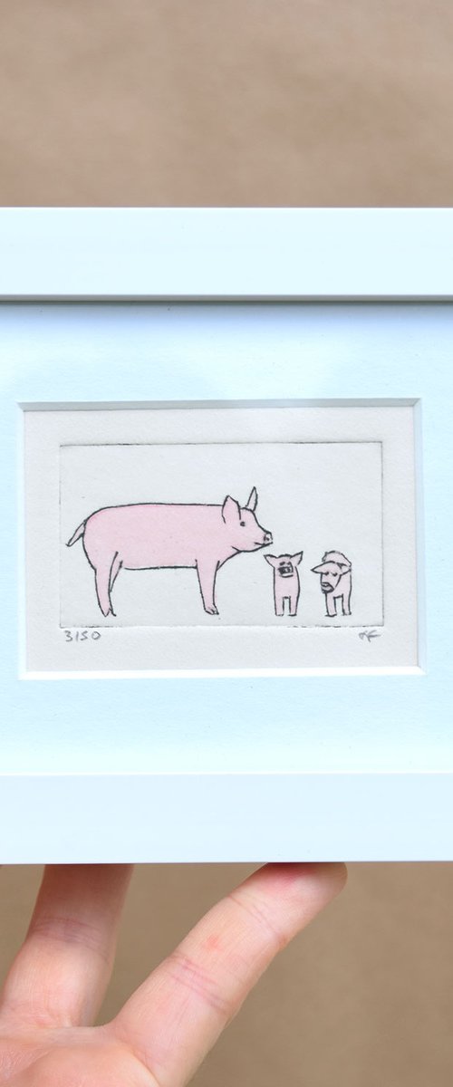 Small framed pig and two young by Sally Fisher