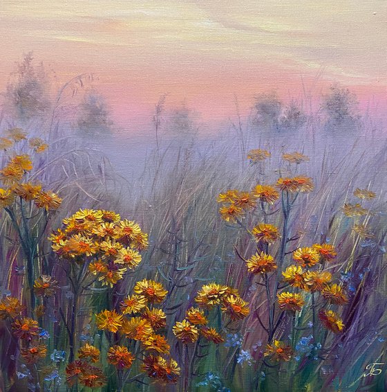 Pink dawn. Landscape with wildflowers.