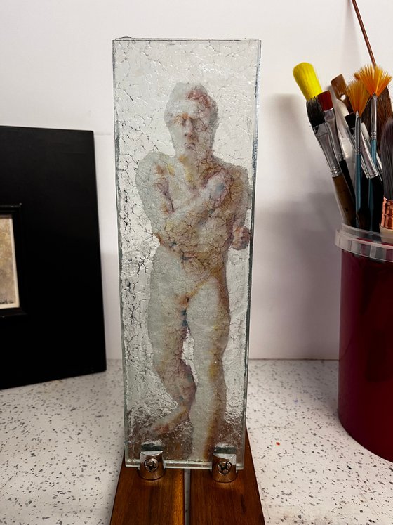 Man, walking : Silk on glass art