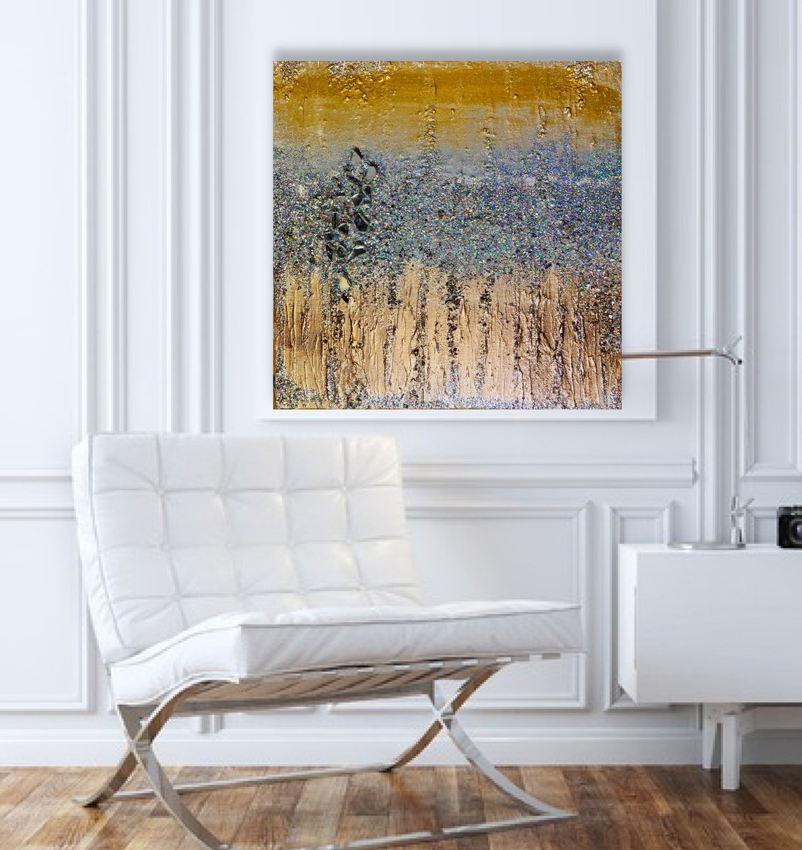 Abstract Landscape Painting By Henrieta Angel, 20 X 20, Diamond Dust Abstract Sunset, Original Artwork