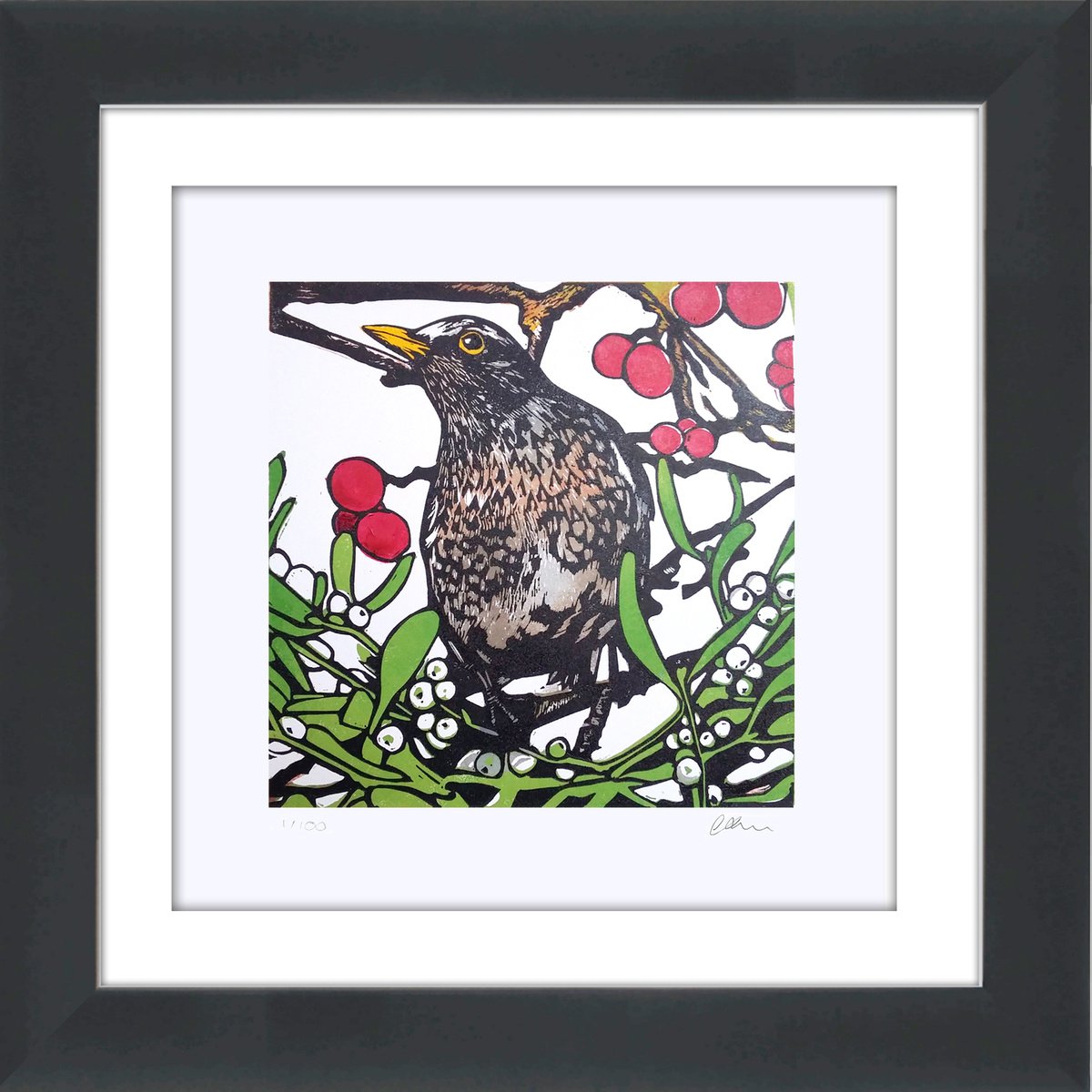 Redwing, red berries and mistletoe framed and ready to hang by Carolynne Coulson